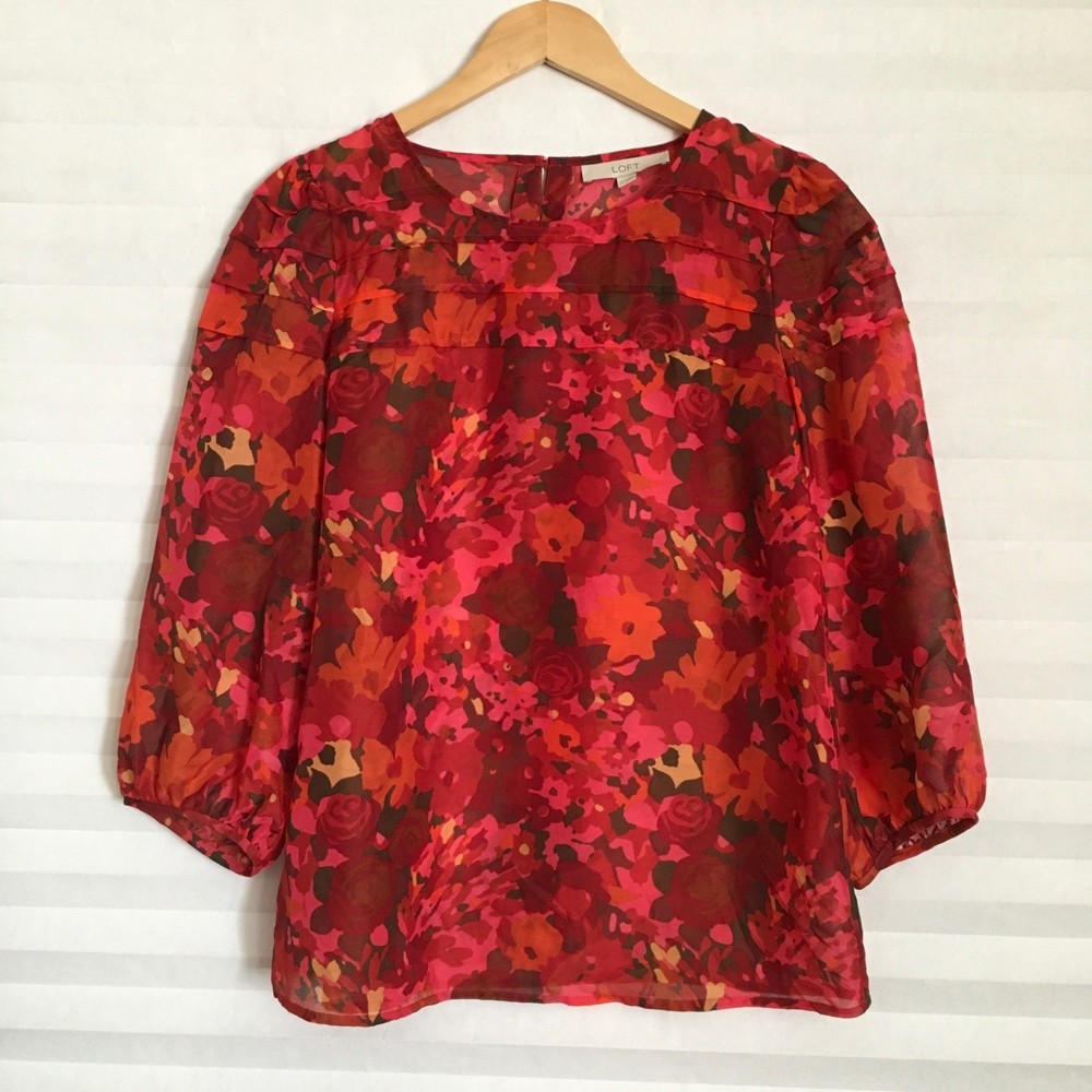 Ann Taylor Loft Womens Blouse Size S 3/4th Sleeve Sheer Floral Print Button Back